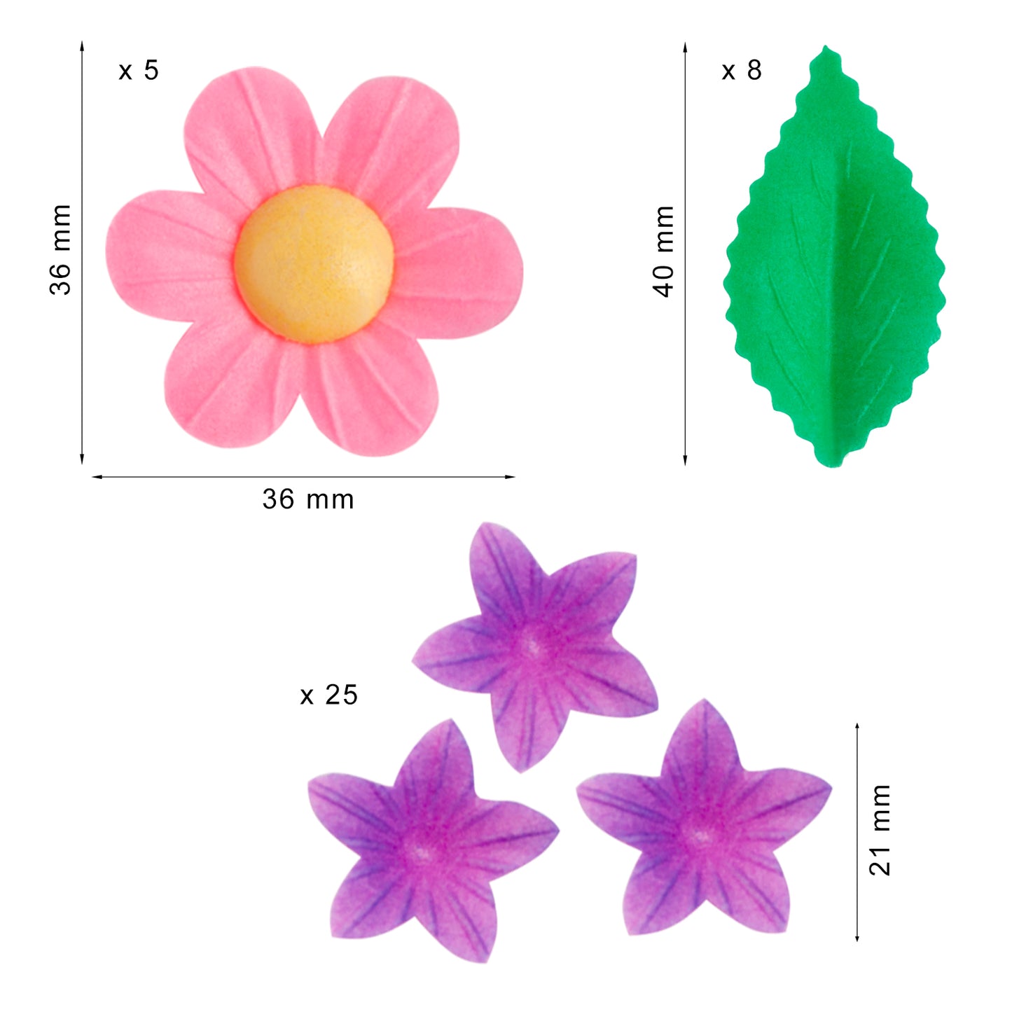 DECORACIÓN OBLEA COMESTIBLE 5 FLORES + 25 MINIFLORES + 8 HOJAS