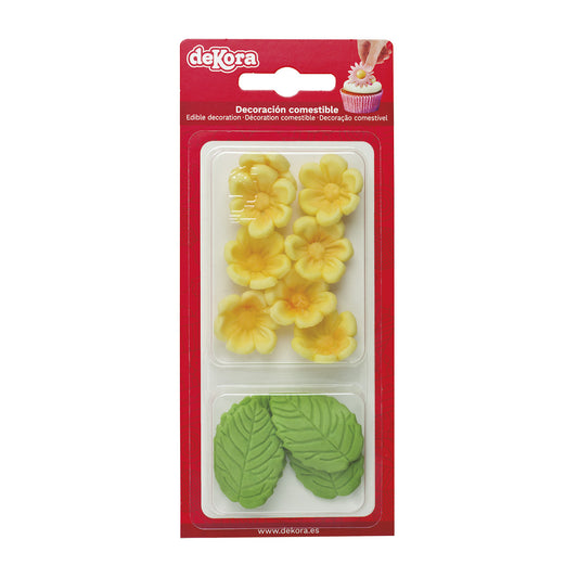 FLORES DE OBLEA COMESTIBLE 8 FLORES AMARILLAS + 5 HOJAS VERDES