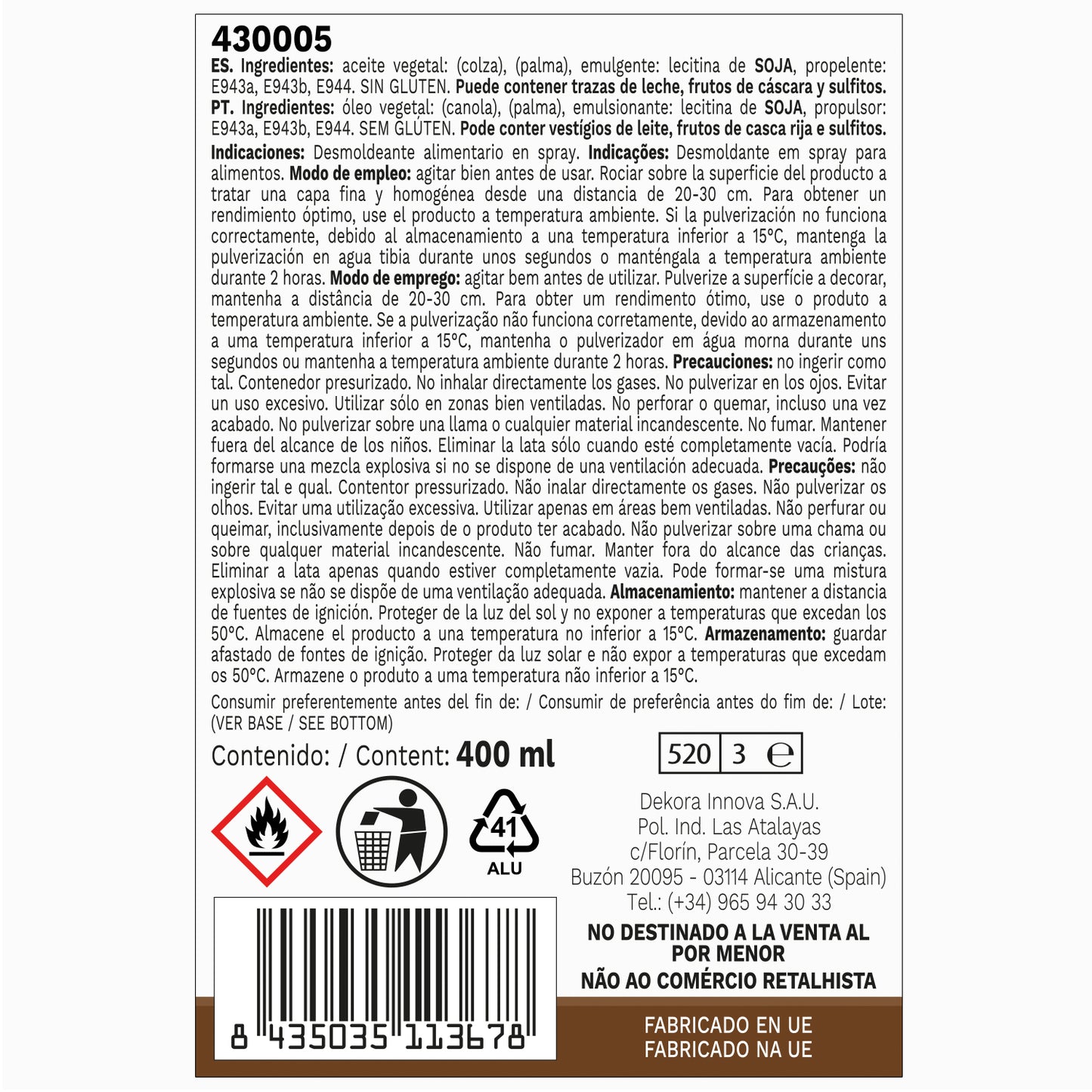 SPRAY DESMOLDANTE ANTIADHERENTE PARA REPOSTERÍA 400ML