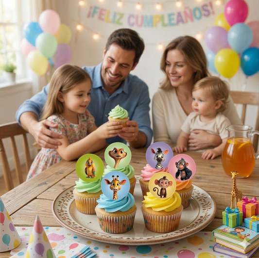 MINI DISCOS DE OBLEA DE ANIMALES DE LA SELVA REDONDOS DE 3,4CM