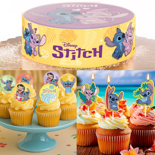 Kit Fiesta Stitch: Oblea + Velas + Mini discos + Ribbon