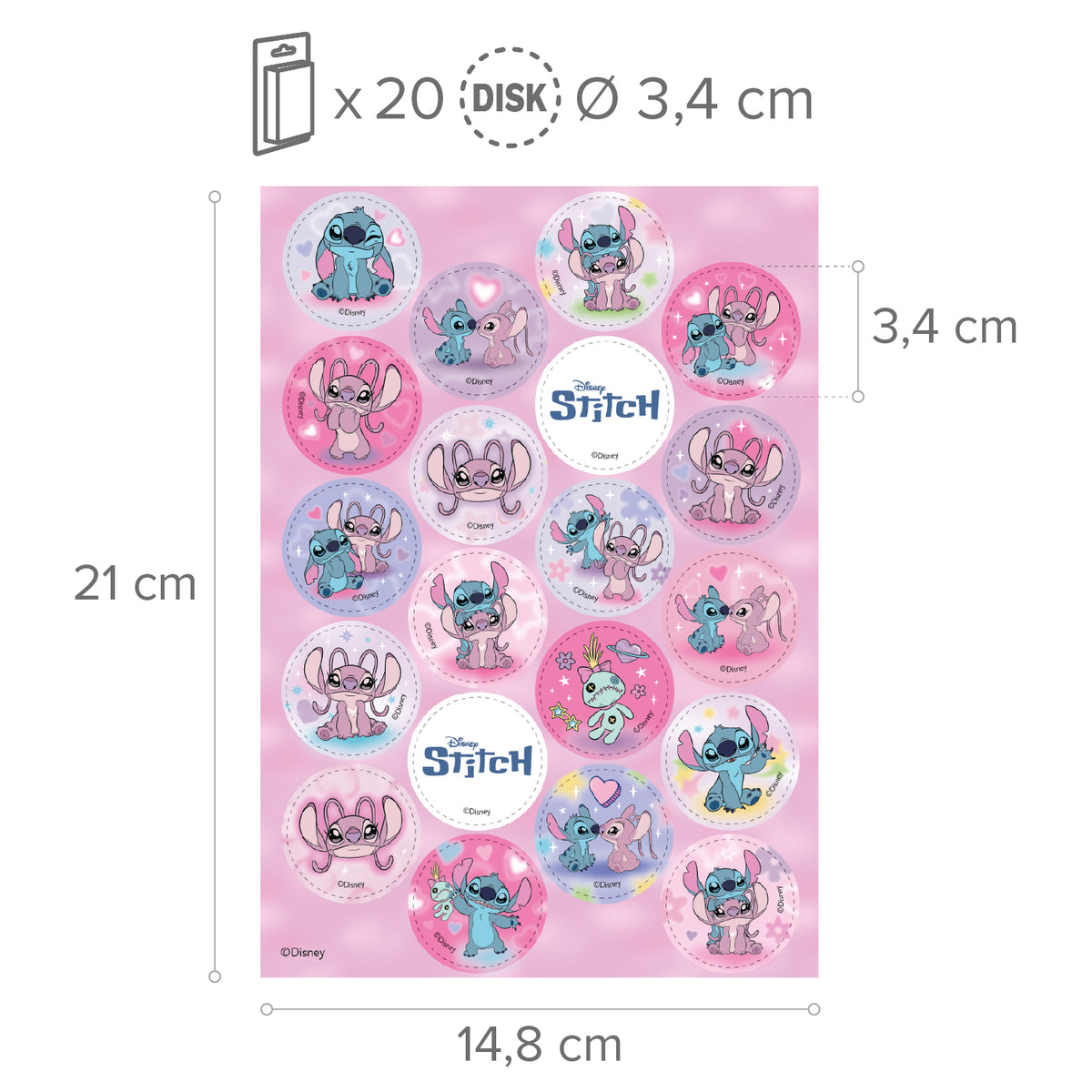 MINI DISCOS DE OBLEA DE STITCH & ANGEL REDONDOS DE 3,4CM