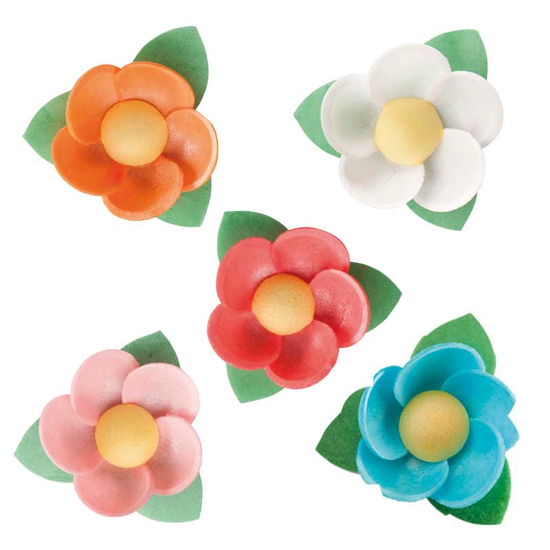 FLORES DE OBLEA CON HOJA – COLORES SURTIDOS 4,5 CM