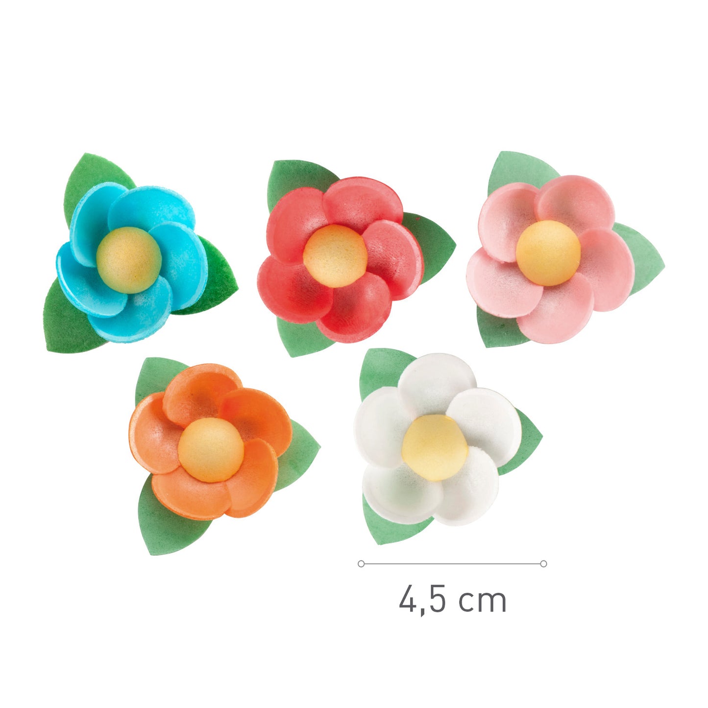 FLORES DE OBLEA CON HOJA – COLORES SURTIDOS 4,5 CM
