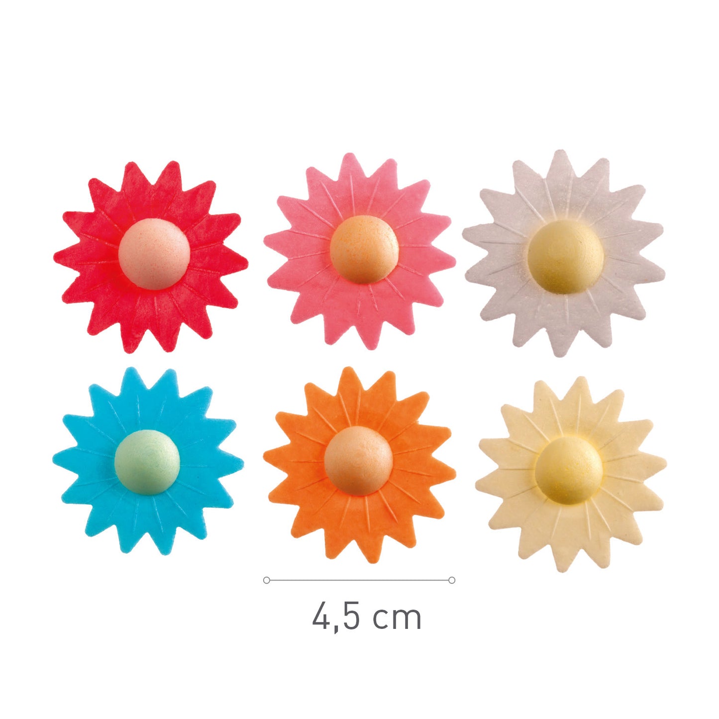 FLORES DE OBLEA COMESTIBLE MARGARITAS COLORES 4,5 CM x 100 UD