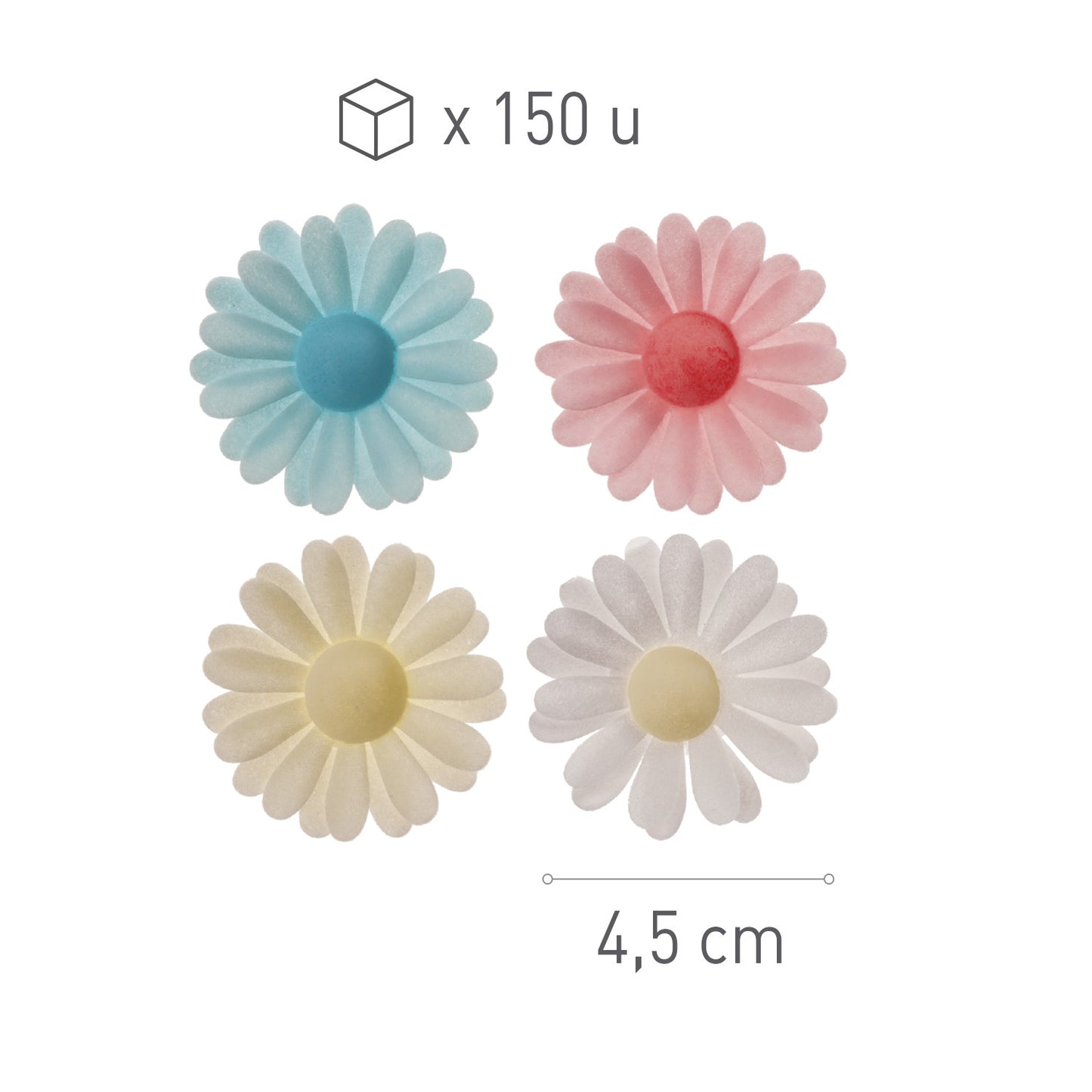 FLORES DE OBLEA COMESTIBLE MARGARITAS COLORES 4,5 CM x 150 UD