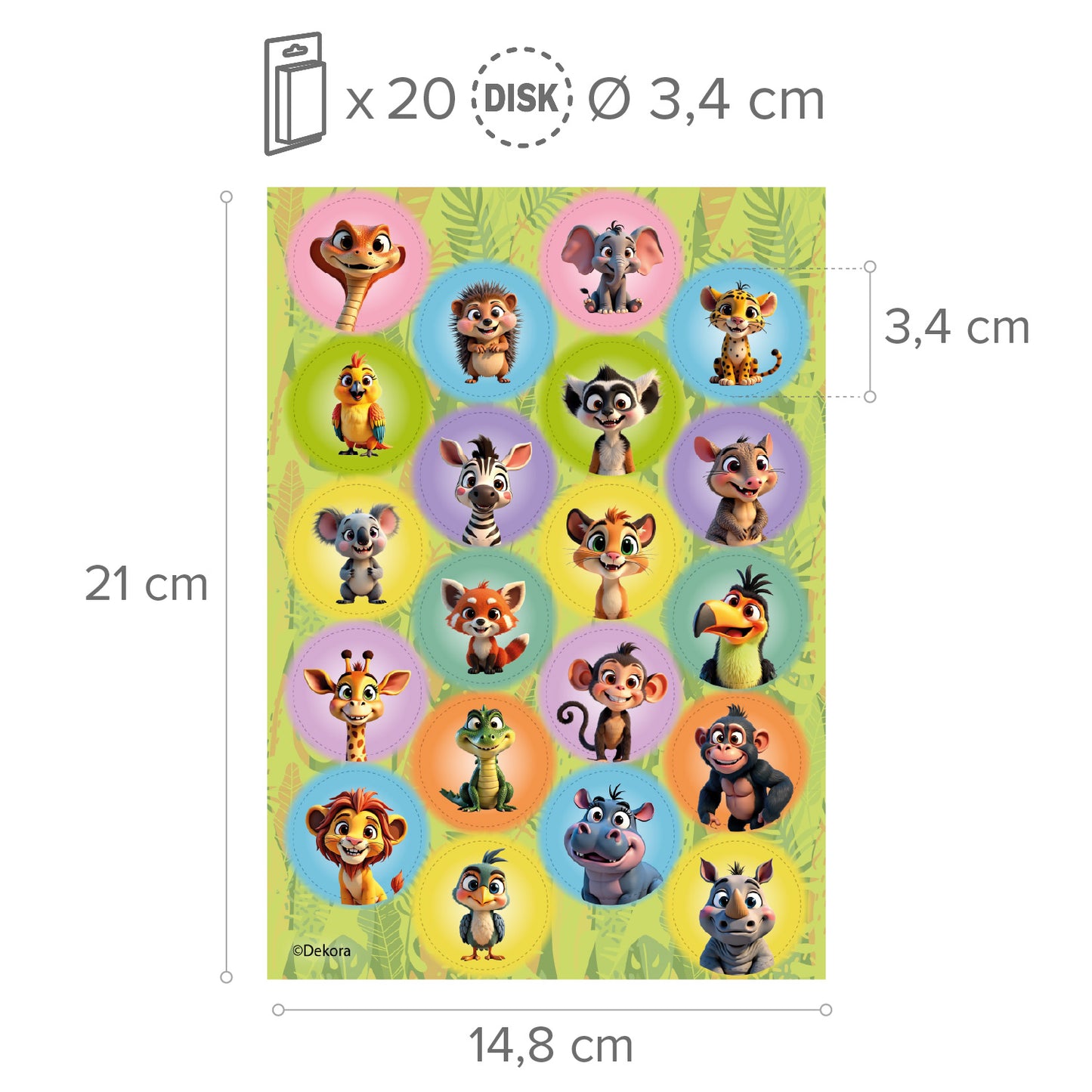 MINI DISCOS DE OBLEA DE ANIMALES DE LA SELVA REDONDOS DE 3,4CM