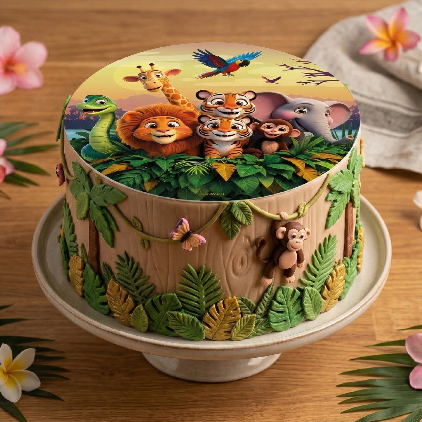 DISCO DE OBLEA PARA TARTA DE ANIMALES DE LA SELVA 20 CM