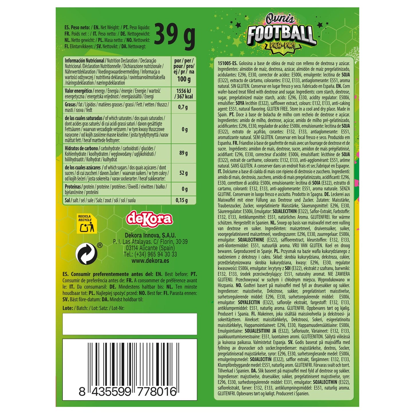 OVNIS DE OBLEA RELLENOS DE PICA PICA DE FÚTBOL 39G