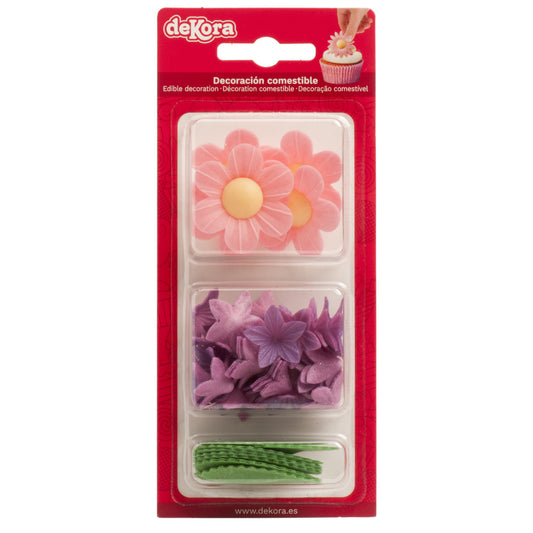DECORACIÓN OBLEA COMESTIBLE 5 FLORES + 25 MINIFLORES + 8 HOJAS