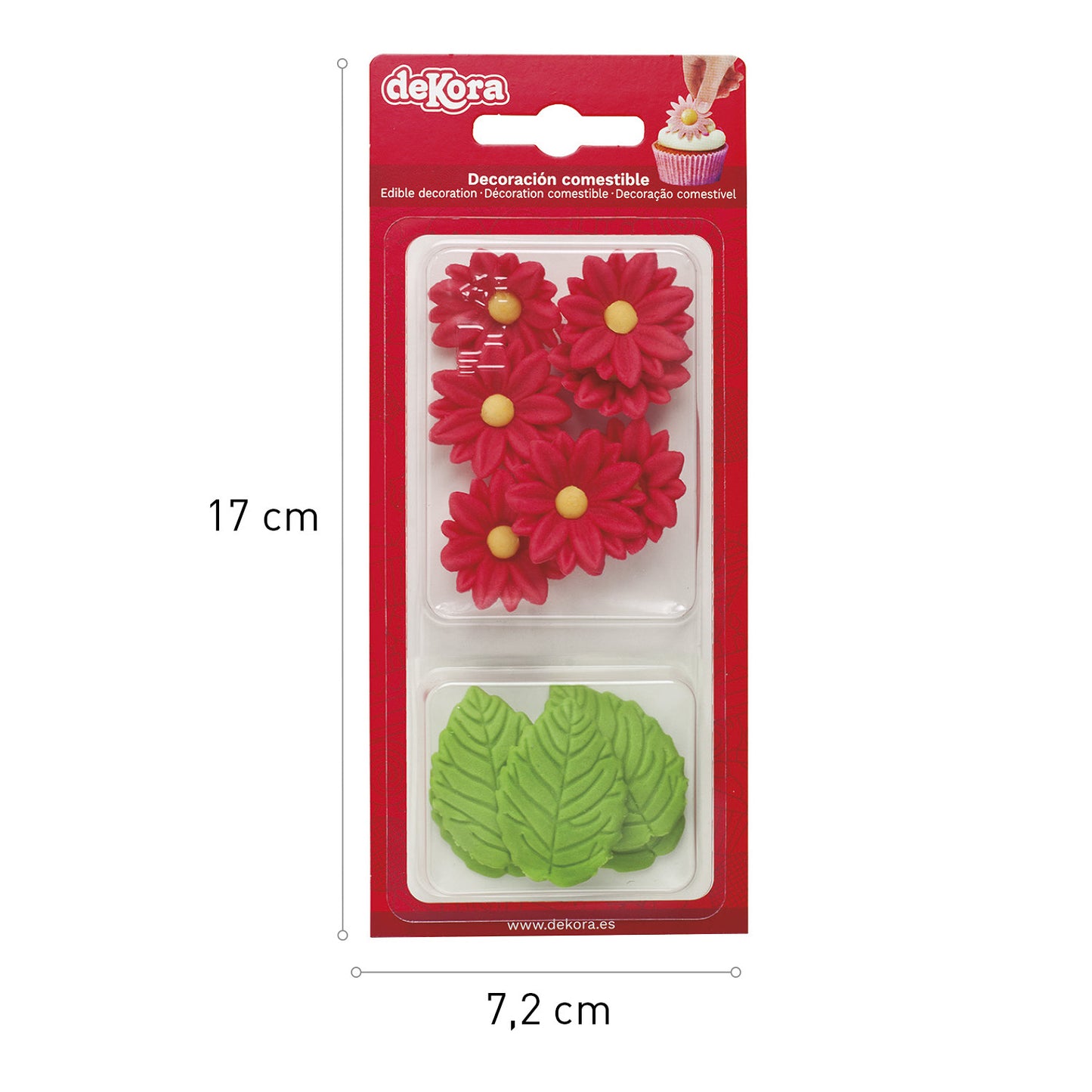 FLORES DE OBLEA COMESTIBLE 7 MARGARITAS ROJAS + 5 HOJAS VERDES