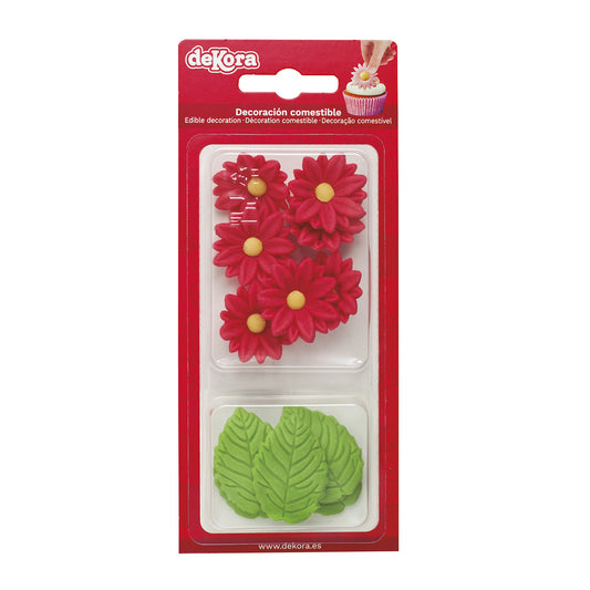 FLORES DE OBLEA COMESTIBLE 7 MARGARITAS ROJAS + 5 HOJAS VERDES