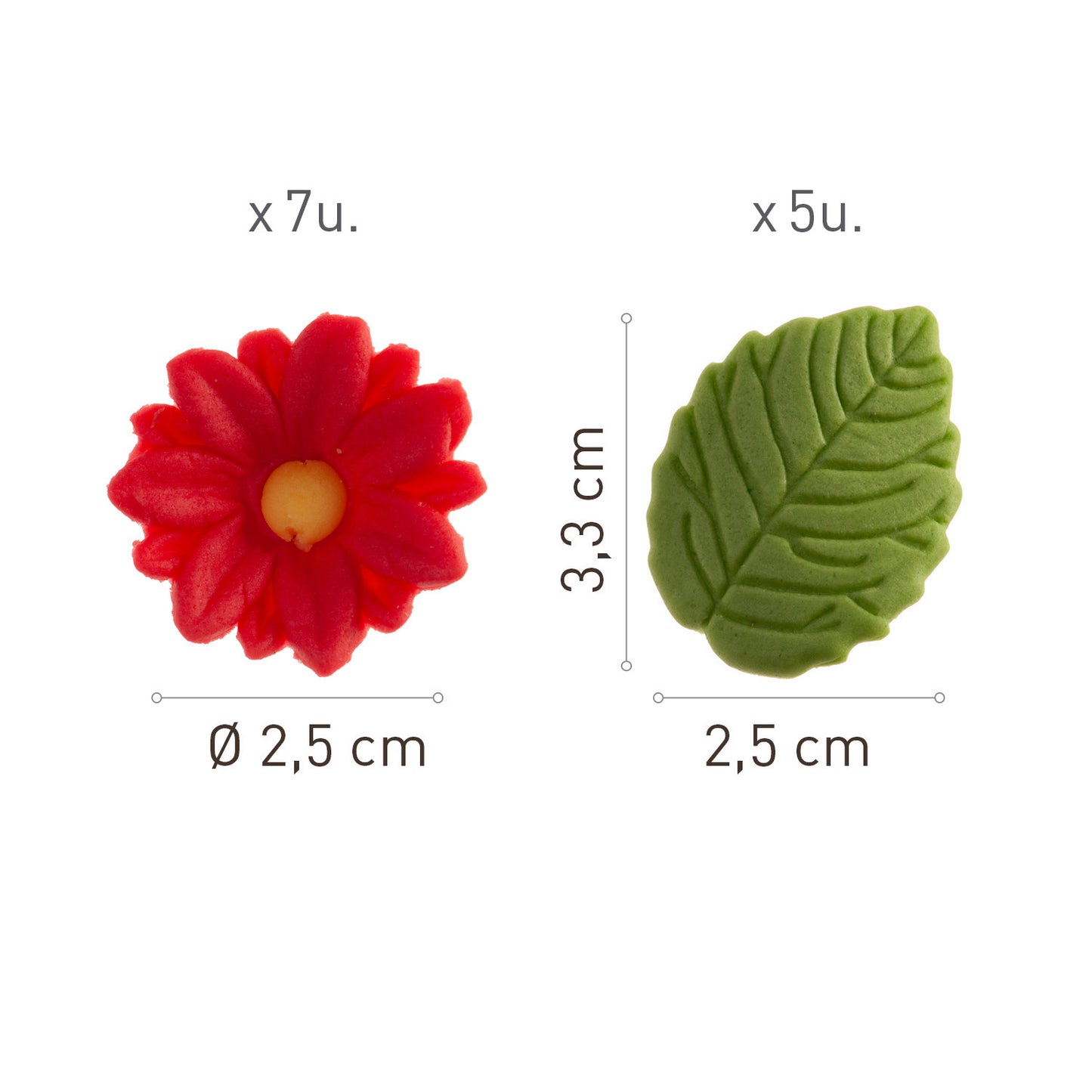 FLORES DE OBLEA COMESTIBLE 7 MARGARITAS ROJAS + 5 HOJAS VERDES