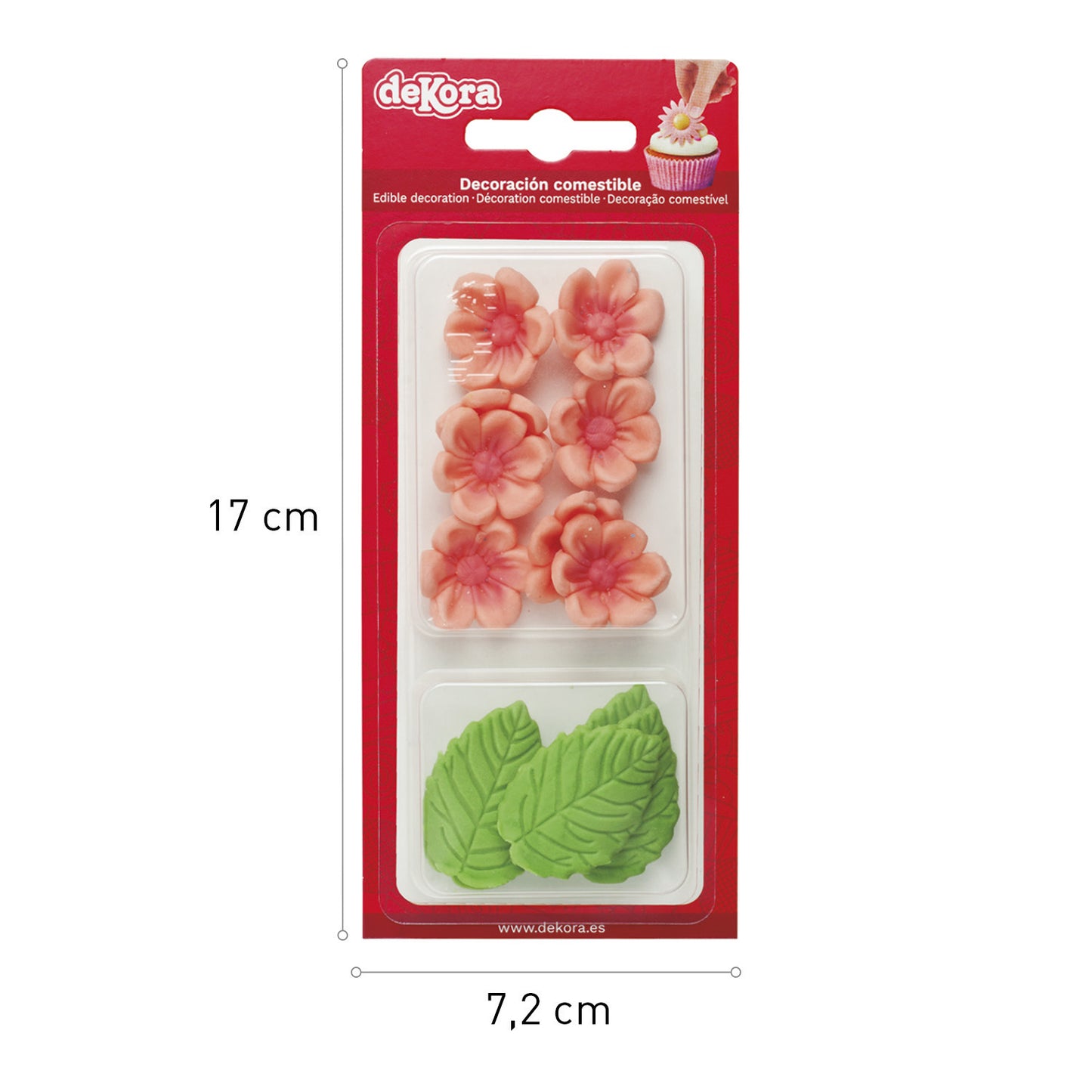 FLORES DE OBLEA COMESTIBLE 8 FLORES ROSAS + 5 HOJAS VERDES