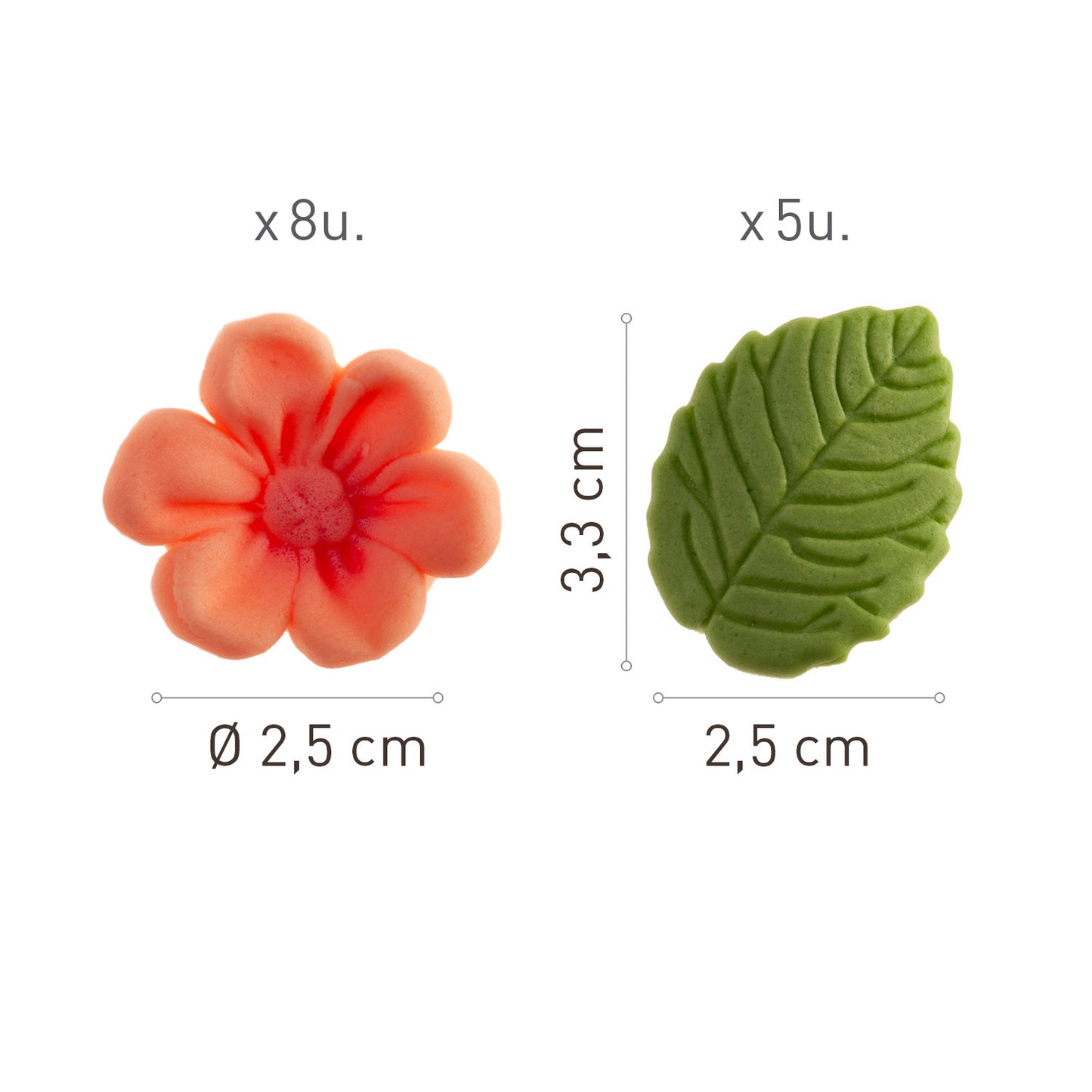 FLORES DE OBLEA COMESTIBLE 8 FLORES ROSAS + 5 HOJAS VERDES