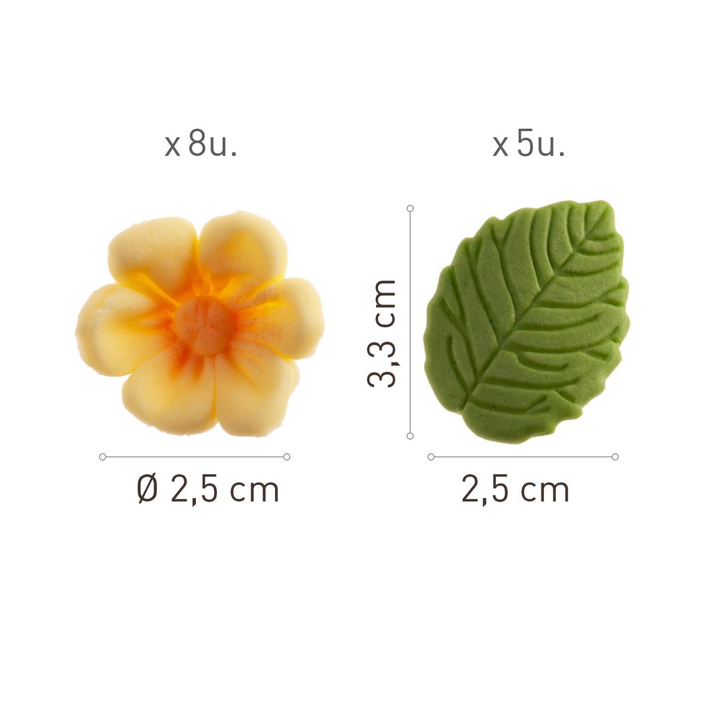 FLORES DE OBLEA COMESTIBLE 8 FLORES AMARILLAS + 5 HOJAS VERDES