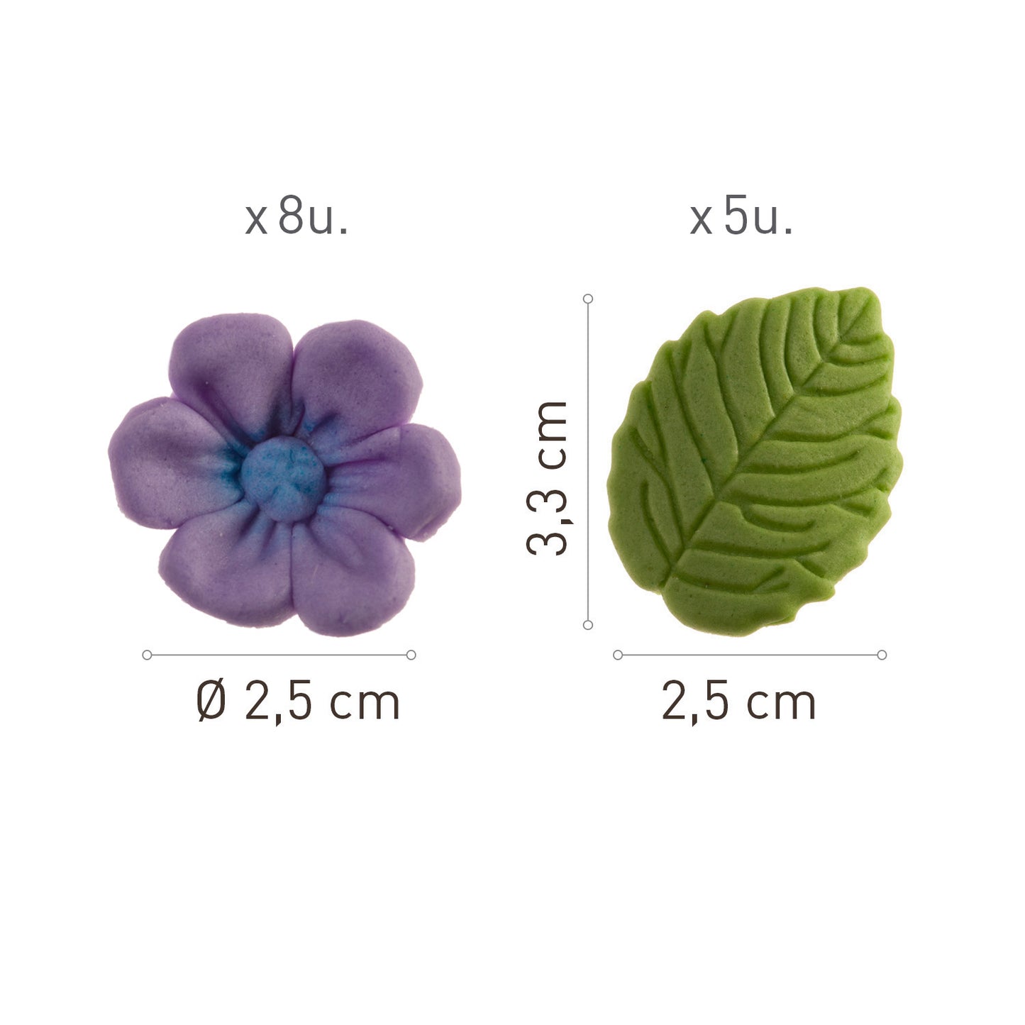 FLORES DE OBLEA COMESTIBLE 8 FLORES VIOLETAS + 5 HOJAS VERDES