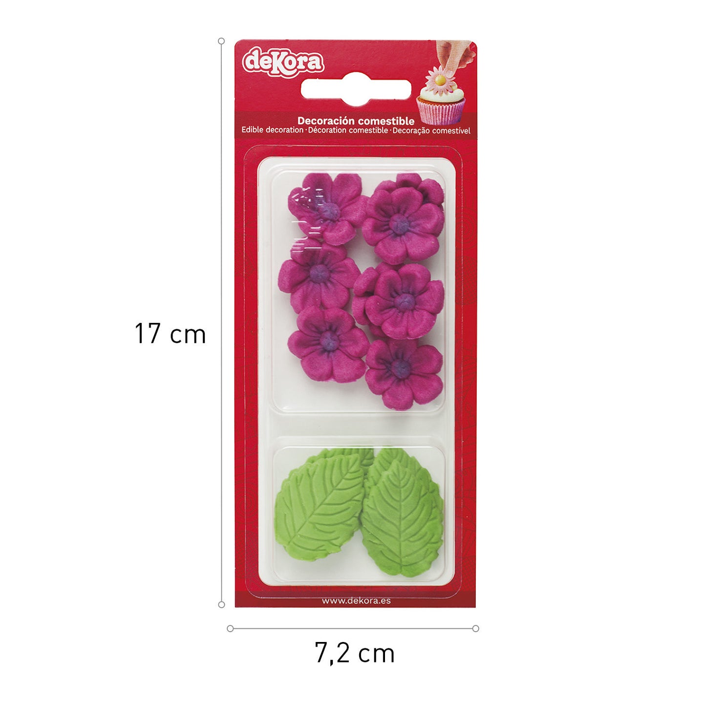 FLORES DE OBLEA COMESTIBLE 8 FLORES FUCSIA+ 5 HOJAS VERDES