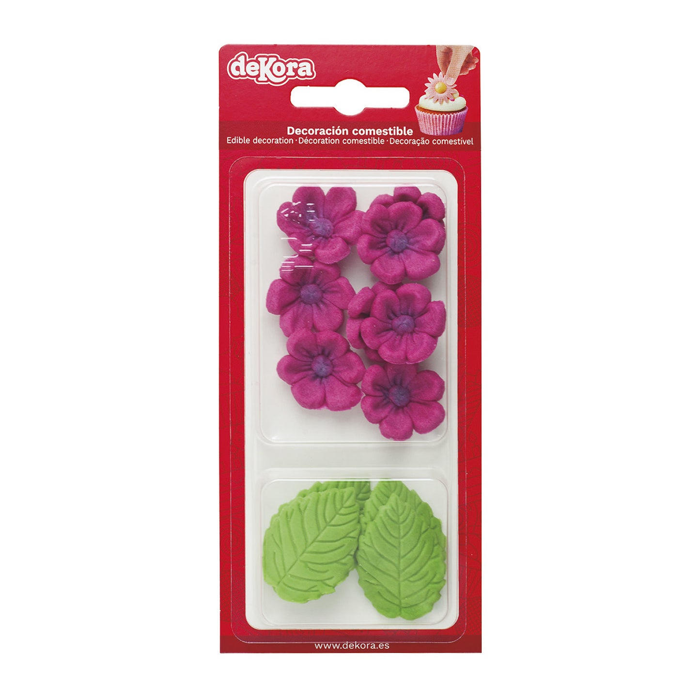 FLORES DE OBLEA COMESTIBLE 8 FLORES FUCSIA+ 5 HOJAS VERDES
