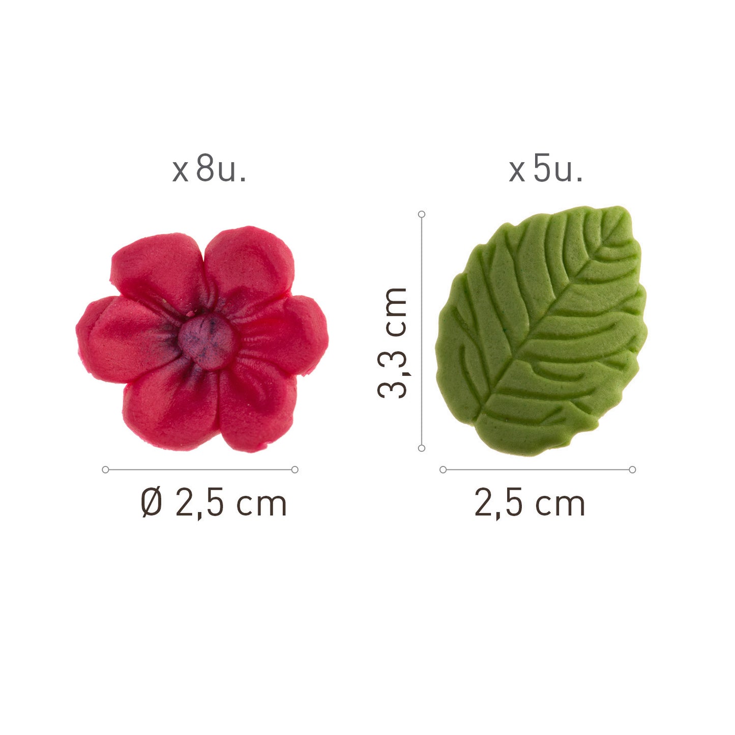 FLORES DE OBLEA COMESTIBLE 8 FLORES FUCSIA+ 5 HOJAS VERDES