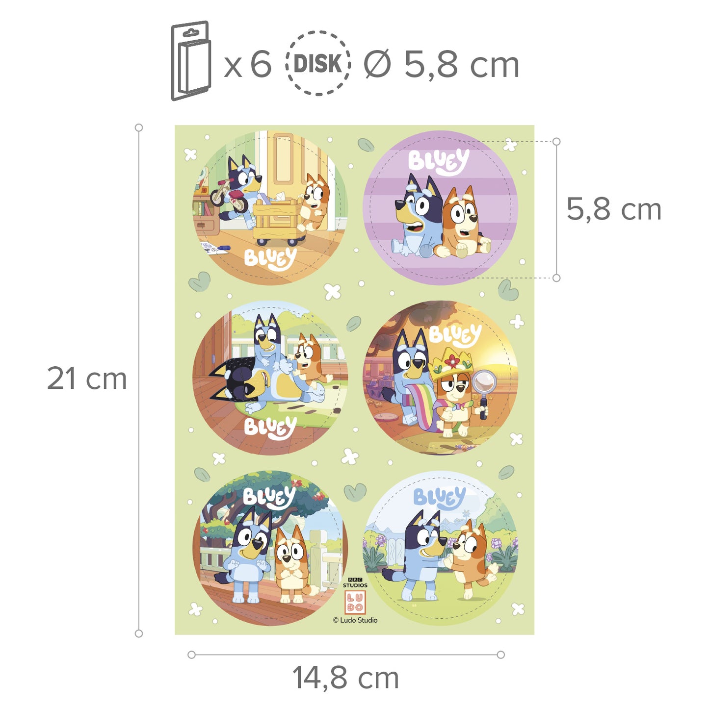 DISCOS COMESTIBLES DE BLUEY REDONDOS 6 UDS DE 5,8CM