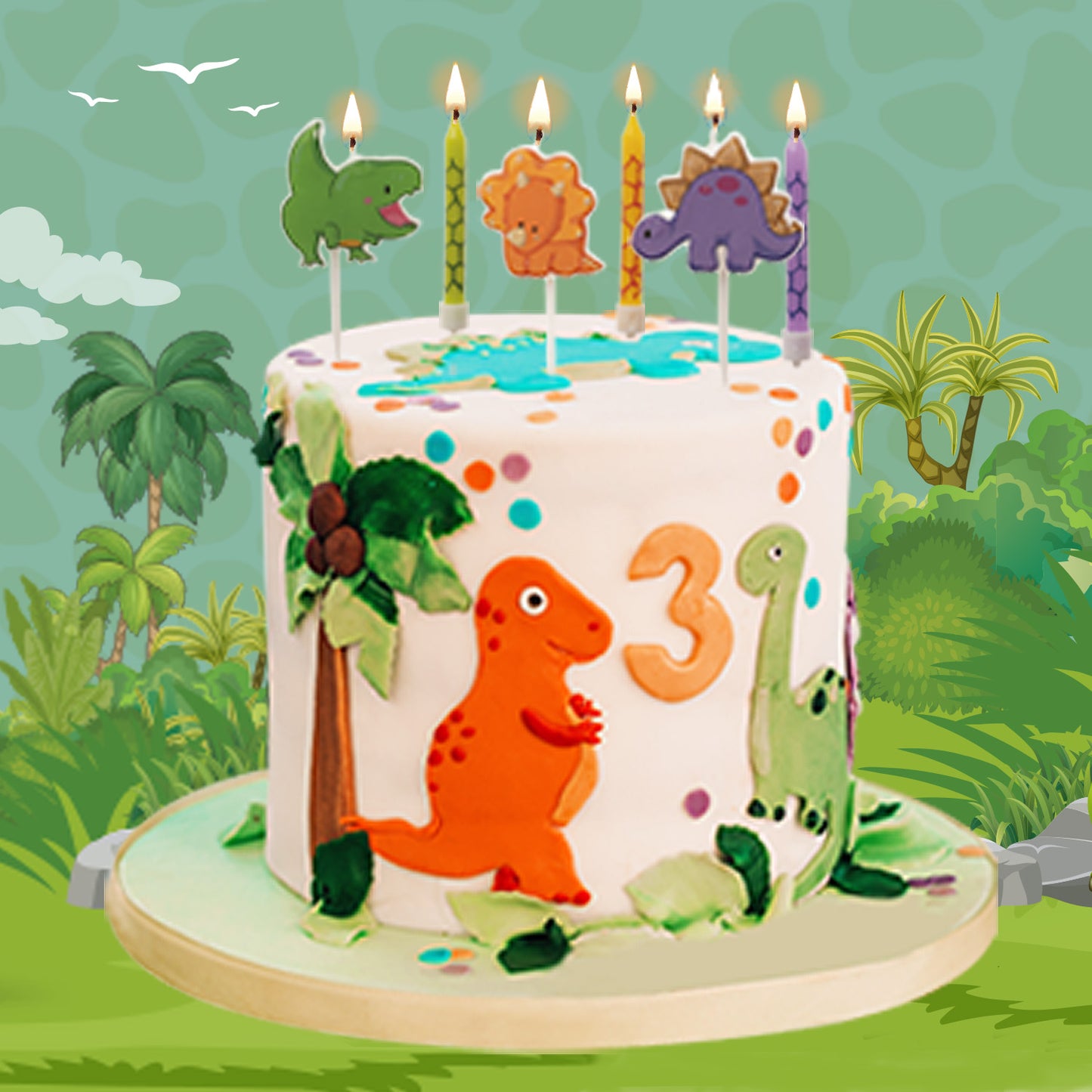 MIX VELAS TARTA CUMPLEAÑOS DINOSAURIOS 2D-PALILLO
