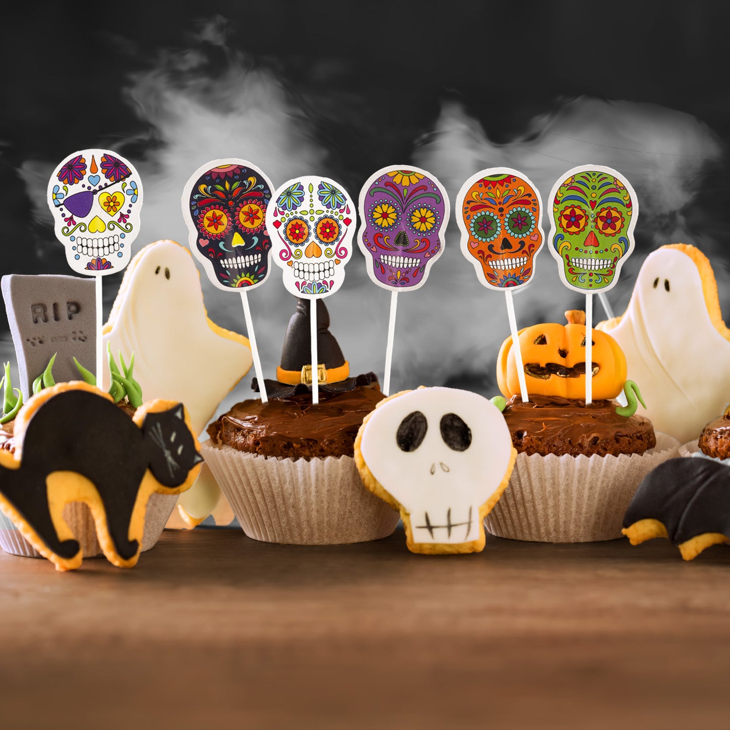 CUPCAKE TOPPERS PAPEL CALAVERAS HALLOWEEN - 16 UD