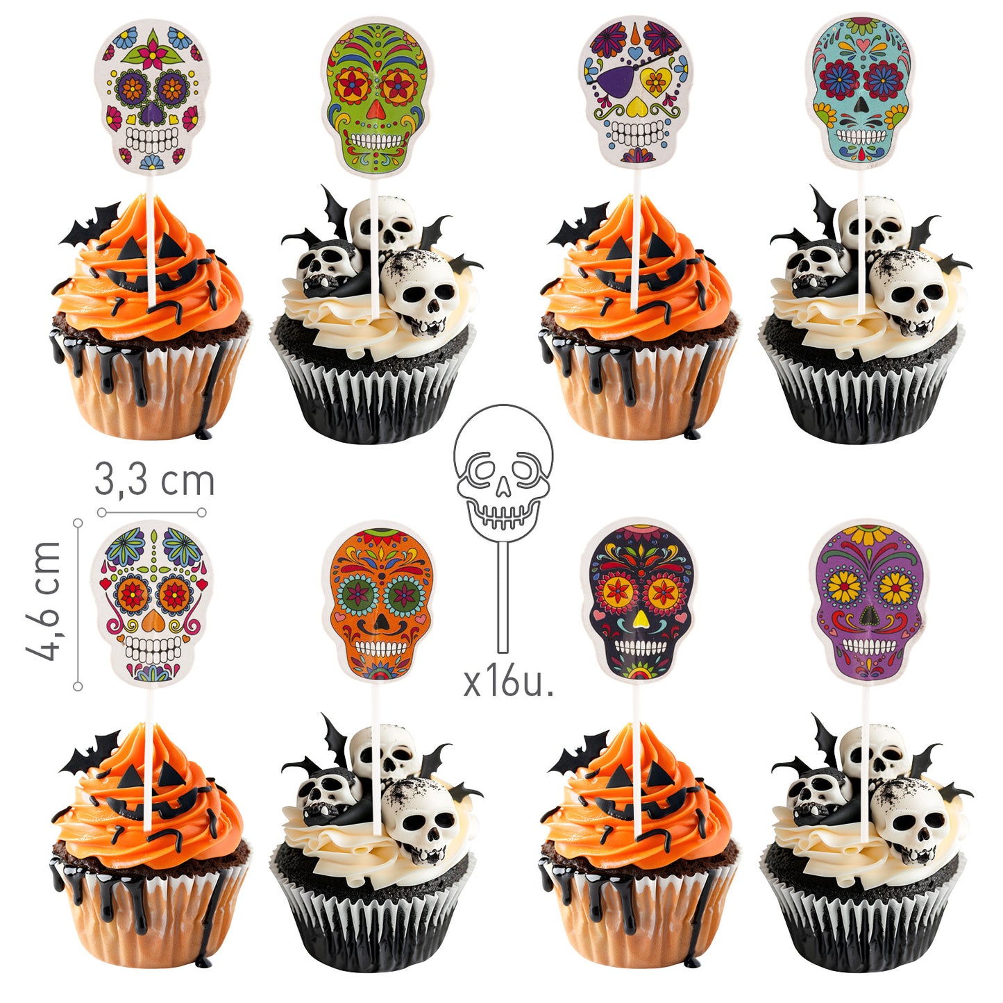 CUPCAKE TOPPERS PAPEL CALAVERAS HALLOWEEN - 16 UD
