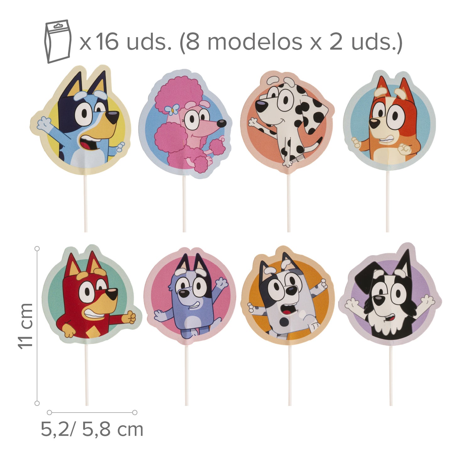 CUPCAKE TOPPERS PAPEL BLUEY Y BINGO - 16 UD