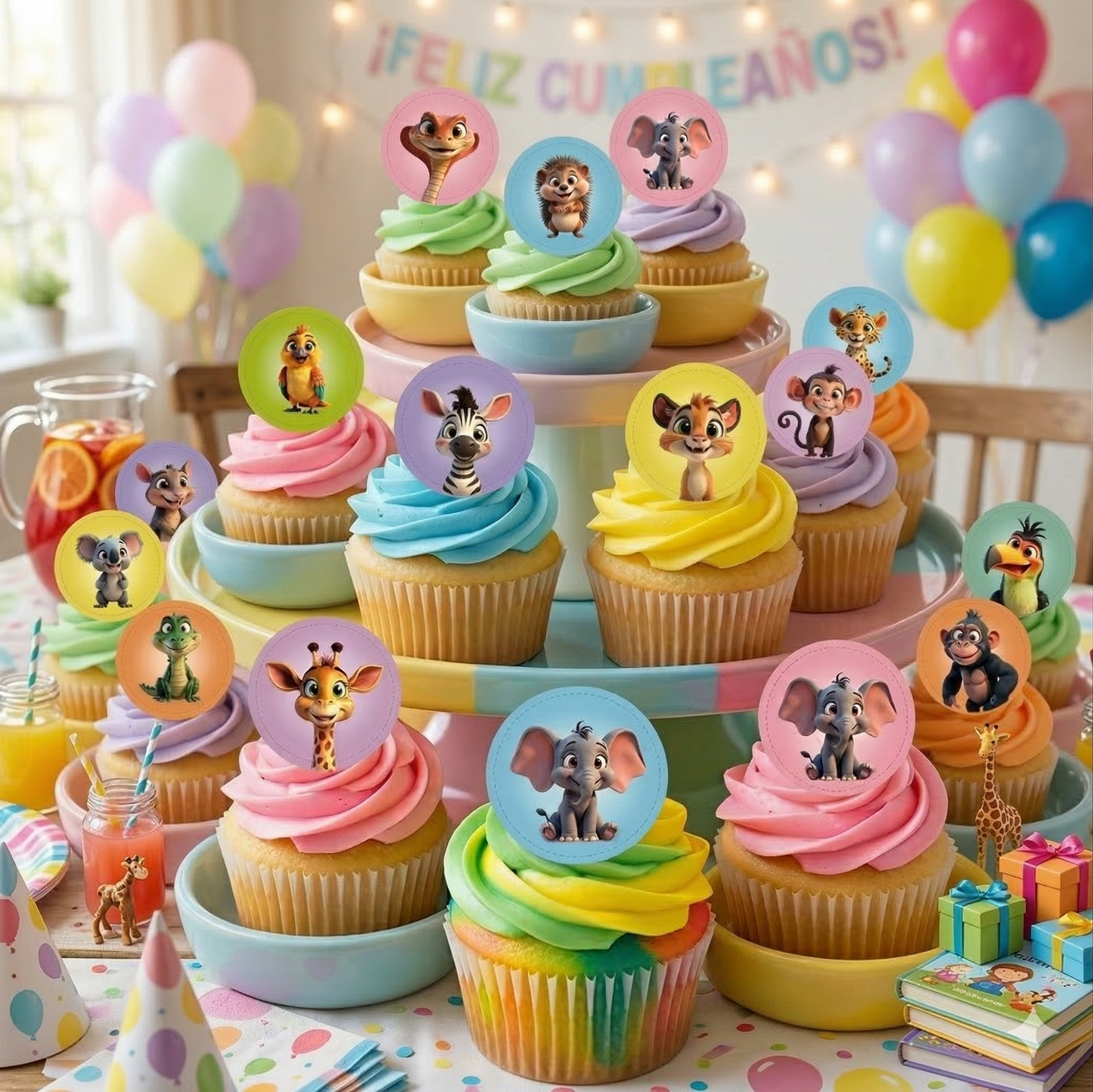 MINI DISCOS DE OBLEA DE ANIMALES DE LA SELVA REDONDOS DE 3,4CM