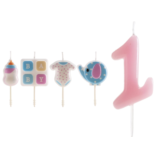 Kit Fiesta Bebe Rosa: Velas Bebé + Vela 1 año