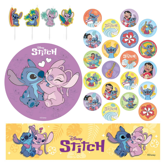 Kit Fiesta Stitch: Oblea + Velas + Mini discos + Ribbon